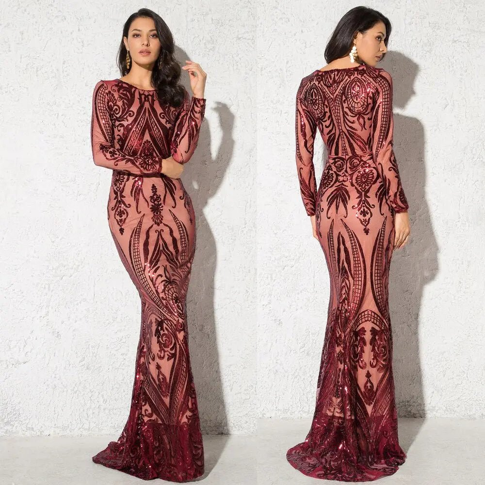 Green O Neck Long Sleeves Sequin Maxi Dress - Mscooco.co.uk