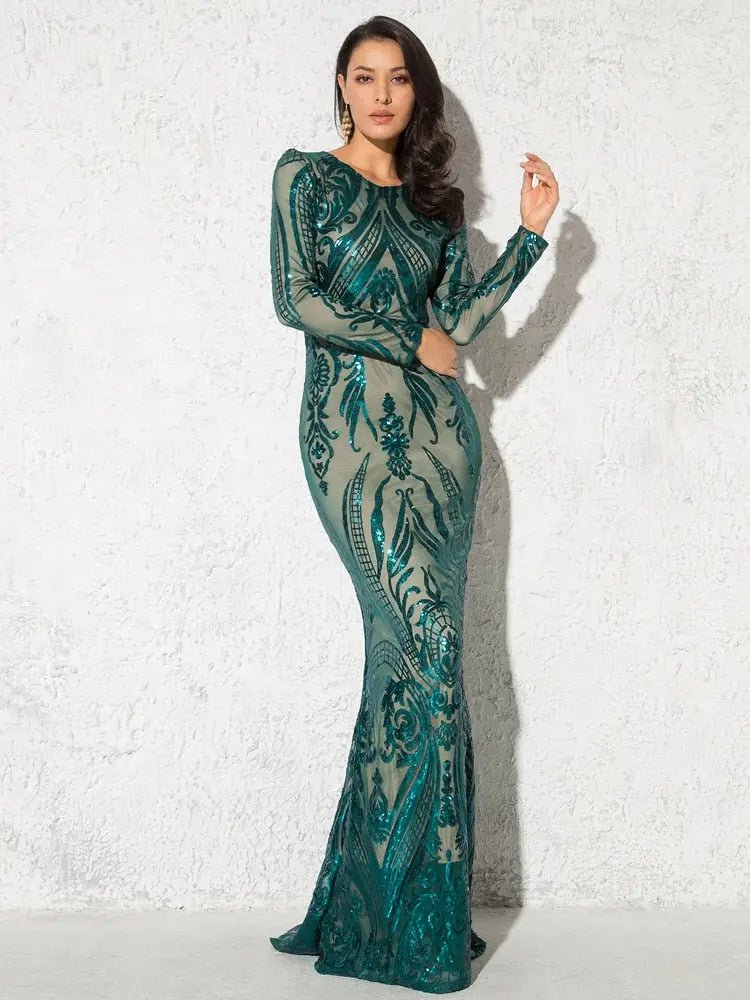 Green O Neck Long Sleeves Sequin Maxi Dress - Mscooco.co.uk