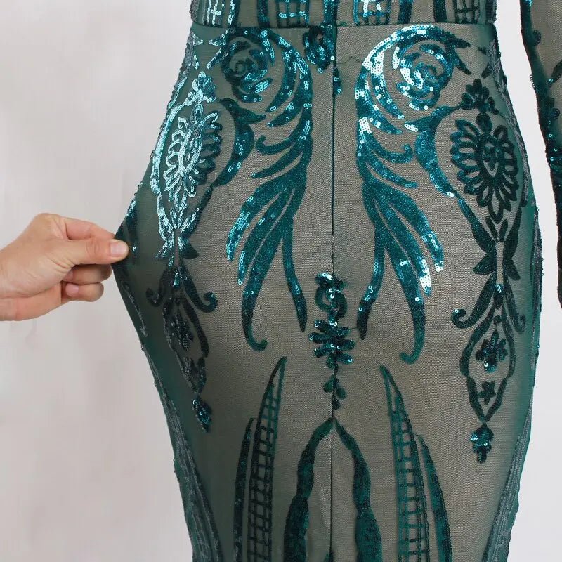 Green O Neck Long Sleeves Sequin Maxi Dress - Mscooco.co.uk
