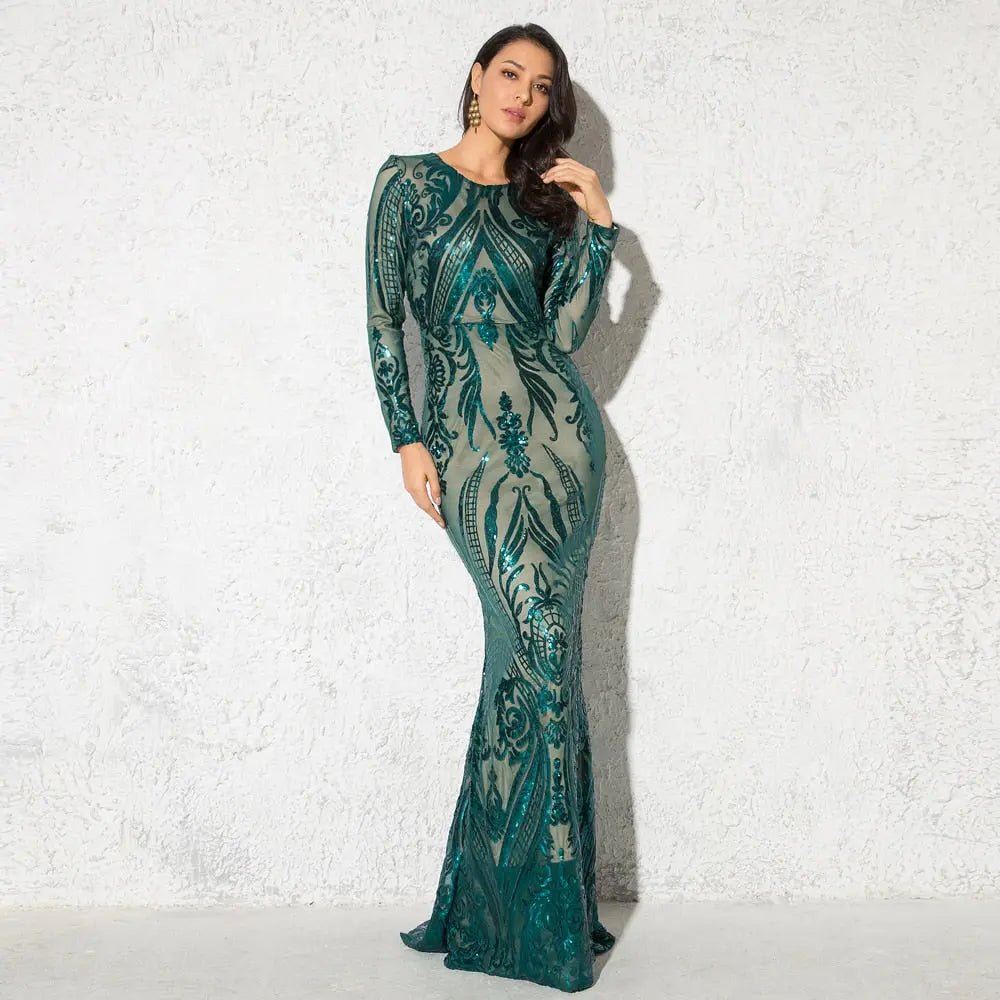 Green O Neck Long Sleeves Sequin Maxi Dress - Mscooco.co.uk