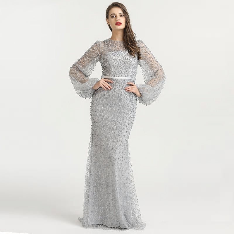 Grey Beaded Embellished Evening Gown - Mscooco.co.uk