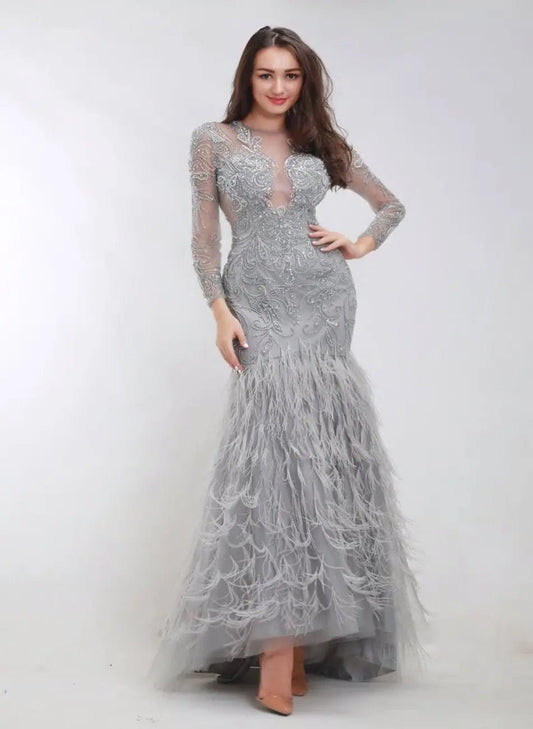 Grey Beading Embroidered Long sleeves Maxi Dress - Mscooco.co.uk