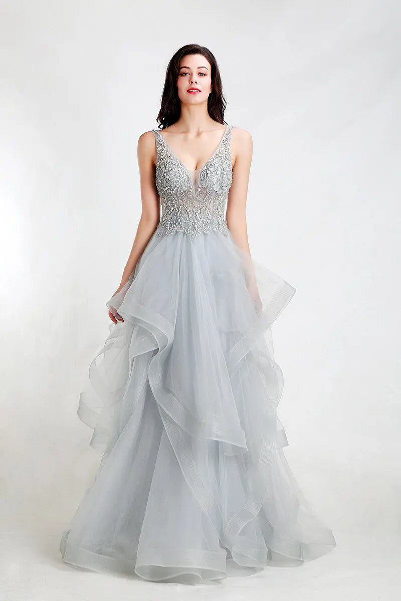 Grey Embellished Beaded Maxi Dress - Mscooco.co.uk