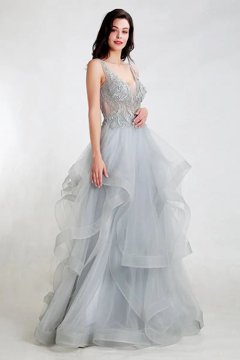 Grey Embellished Beaded Maxi Dress - Mscooco.co.uk
