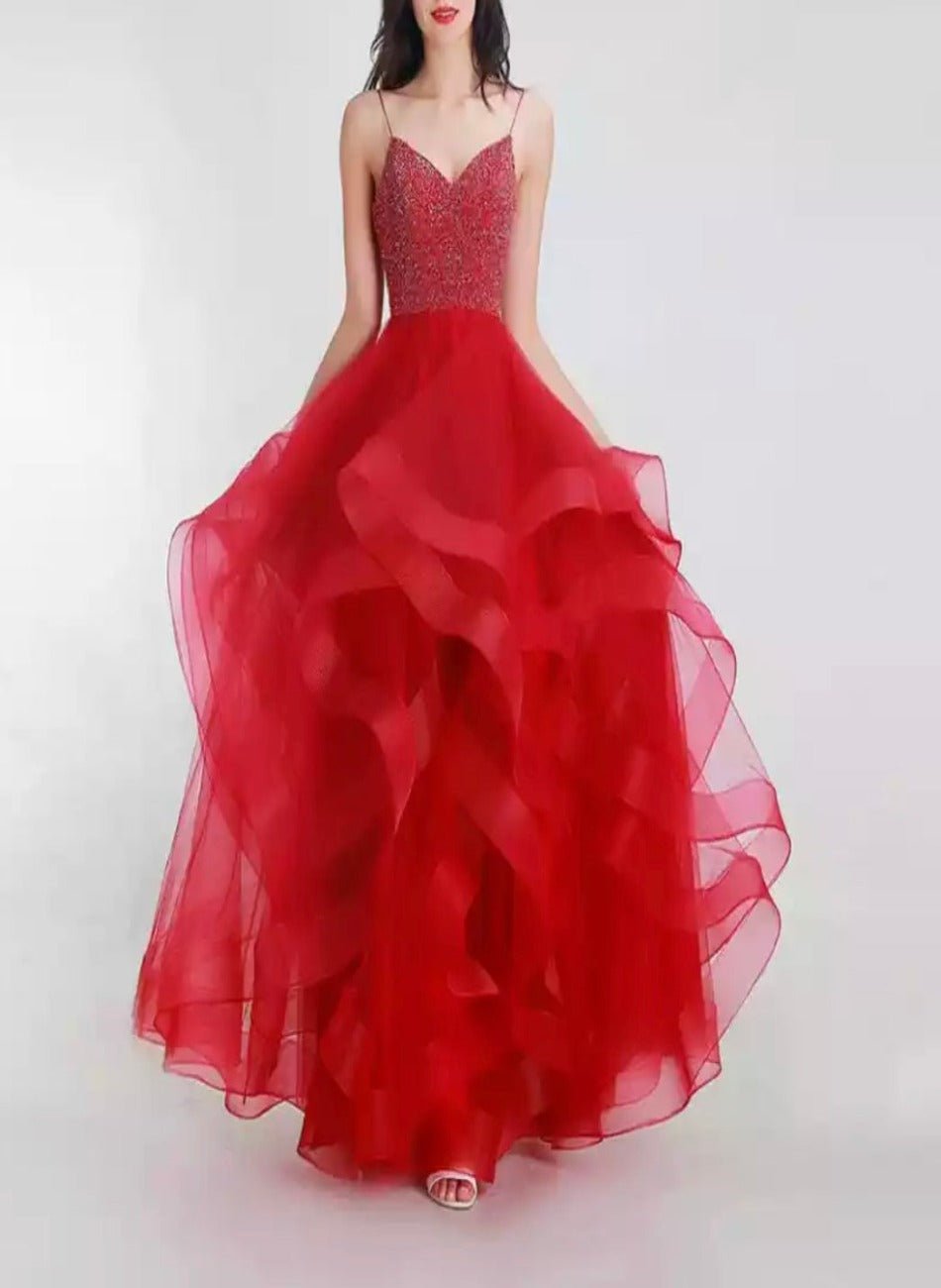 Haleh Red Spaghetti Strap Lace Up Back With Beading Ruffles Dress - Mscooco.co.uk