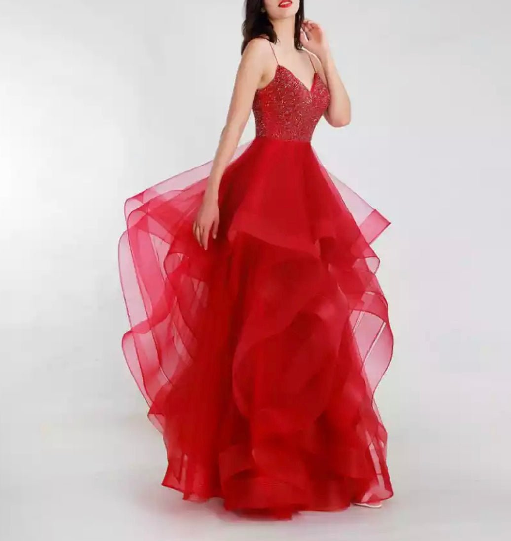 Haleh Red Spaghetti Strap Lace Up Back With Beading Ruffles Dress - Mscooco.co.uk