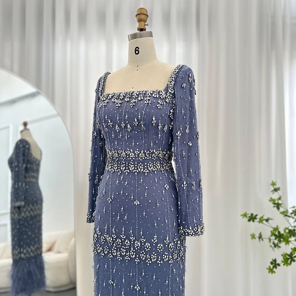 Hanisa Luxury Crystal Feathers Elegant Midi Dress - Mscooco.co.uk
