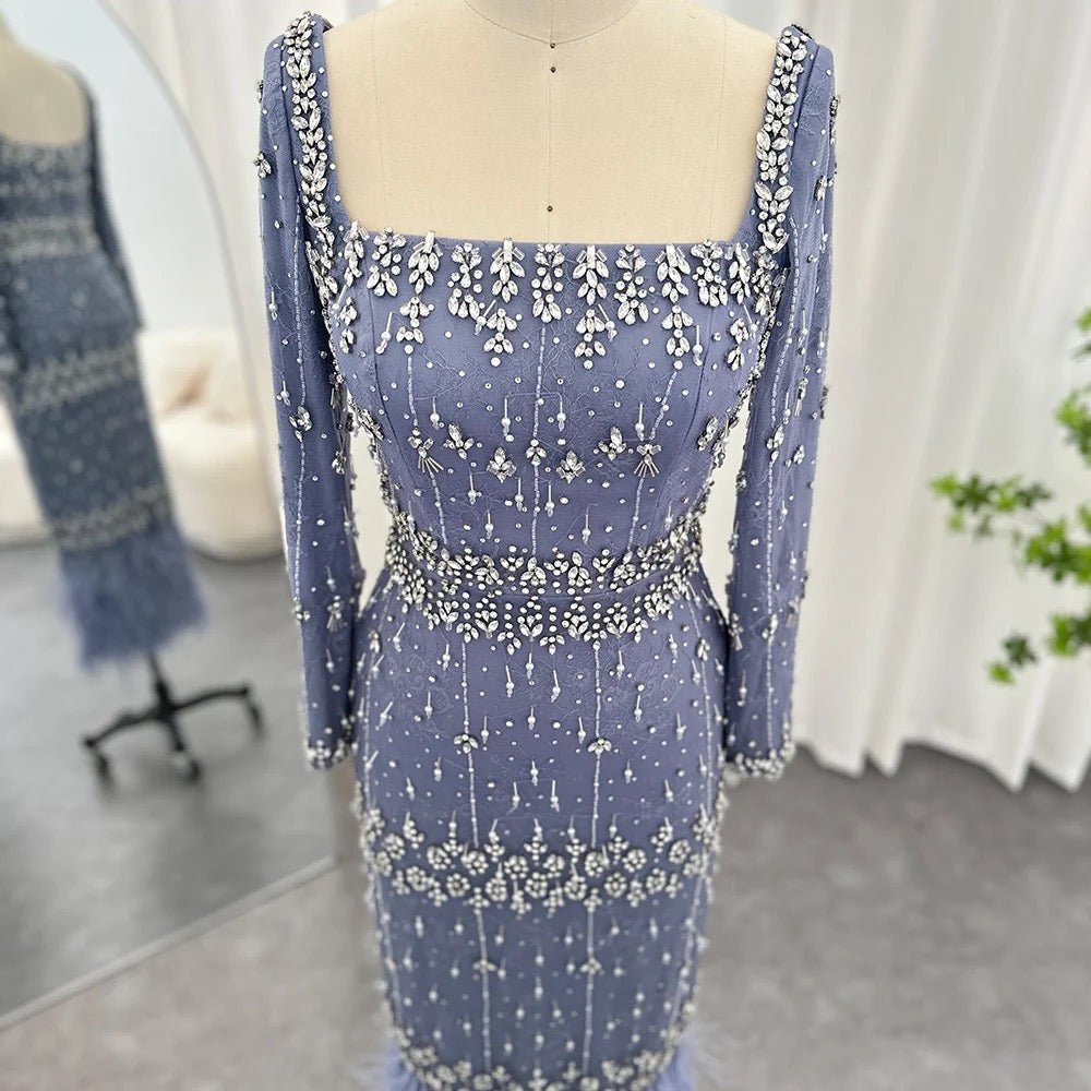 Hanisa Luxury Crystal Feathers Elegant Midi Dress - Mscooco.co.uk