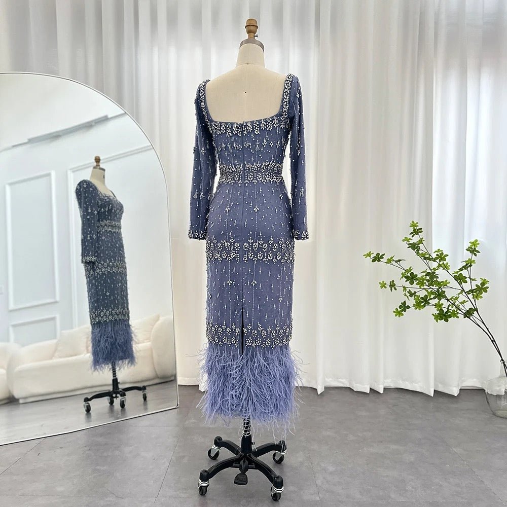 Hanisa Luxury Crystal Feathers Elegant Midi Dress - Mscooco.co.uk