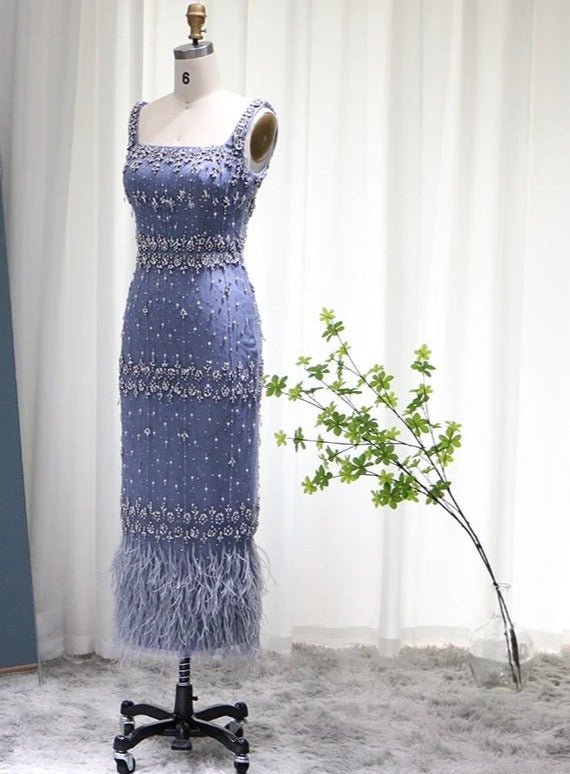 Hanisa Luxury Crystal Feathers Elegant Midi Dress - Mscooco.co.uk