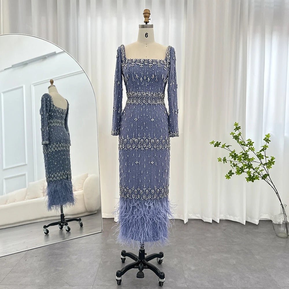 Hanisa Luxury Crystal Feathers Elegant Midi Dress - Mscooco.co.uk