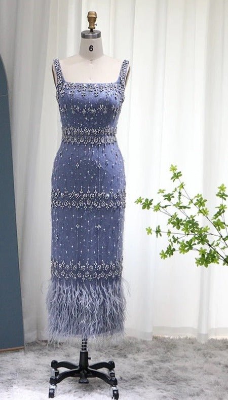 Hanisa Luxury Crystal Feathers Elegant Midi Dress - Mscooco.co.uk