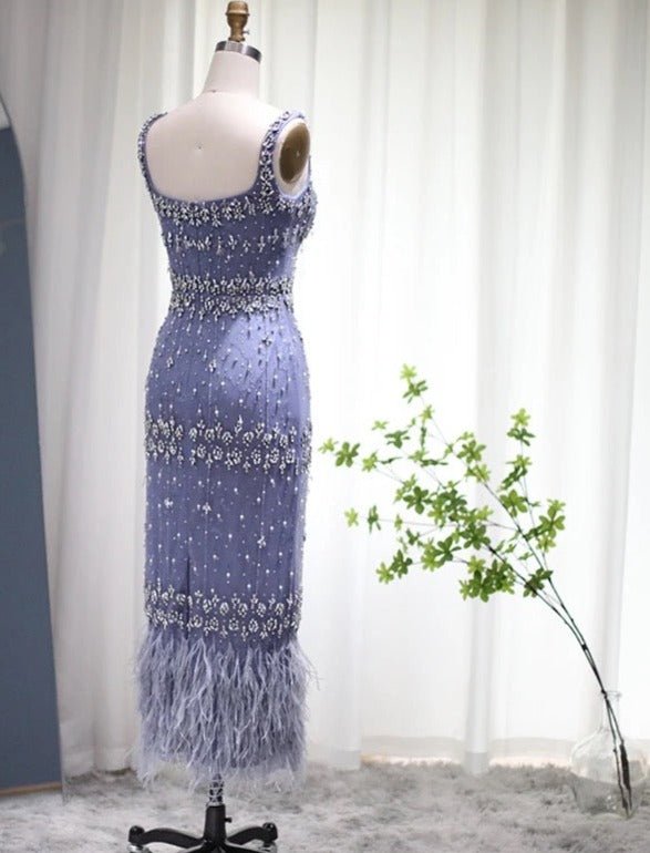 Hanisa Luxury Crystal Feathers Elegant Midi Dress - Mscooco.co.uk