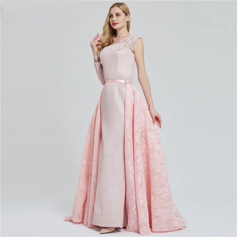 Hava Pink One Shoulder Pearls Vintage Evening Dress - Mscooco.co.uk