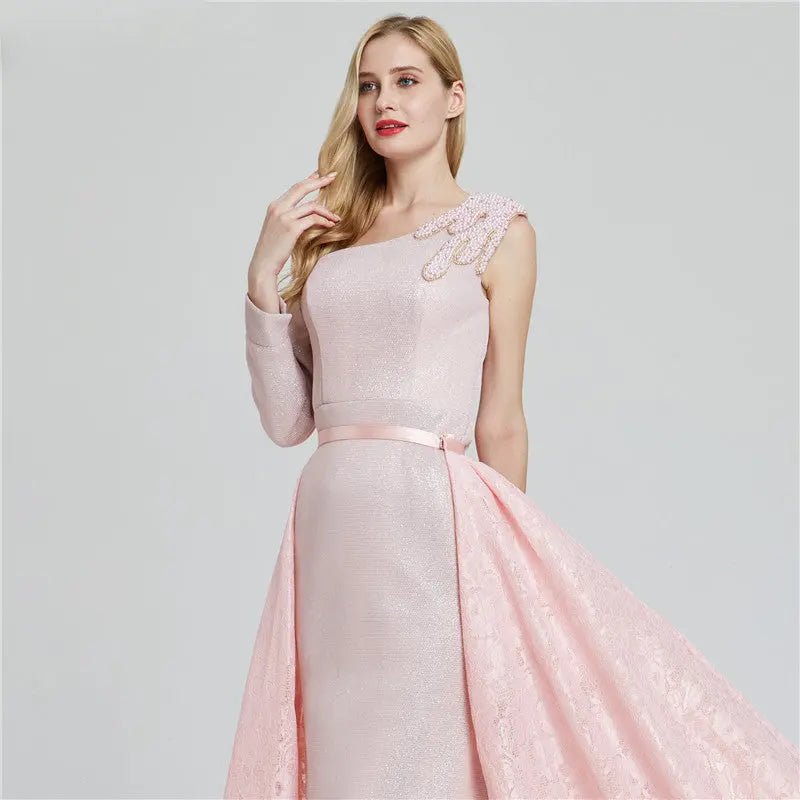 Hava Pink One Shoulder Pearls Vintage Evening Dress - Mscooco.co.uk
