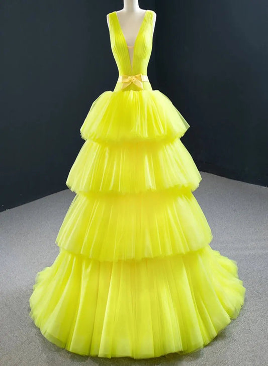 Heavenly Yellow Tiered Tulle Evening Dress - Mscooco.co.uk