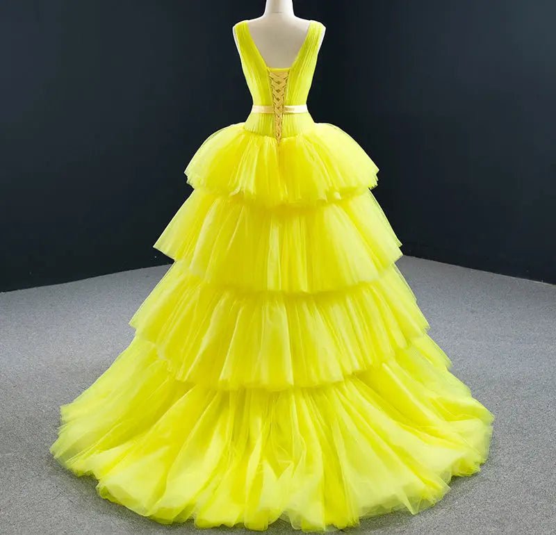 Heavenly Yellow Tiered Tulle Evening Dress - Mscooco.co.uk