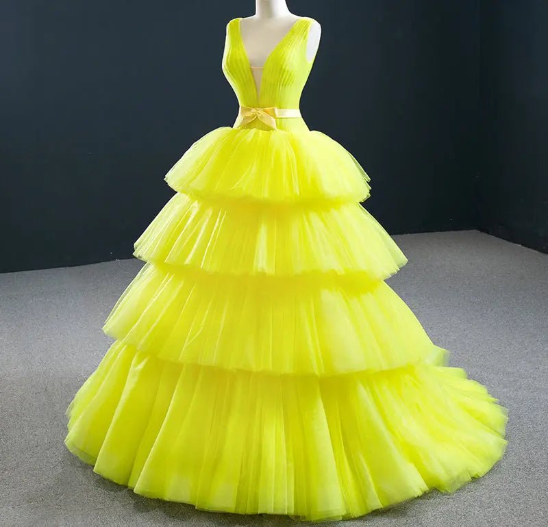 Heavenly Yellow Tiered Tulle Evening Dress - Mscooco.co.uk