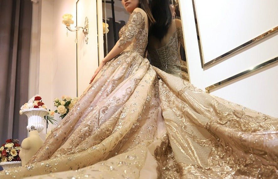Heavy beading work golden wedding dress - Mscooco.co.uk