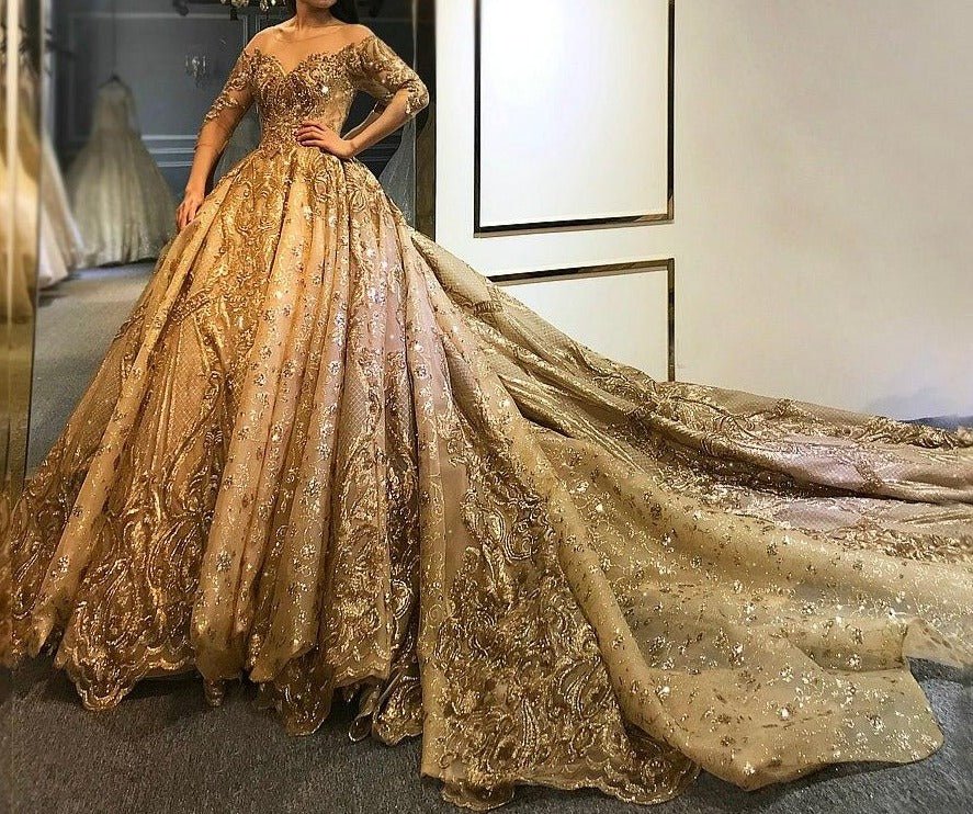 Heavy beading work golden wedding dress - Mscooco.co.uk