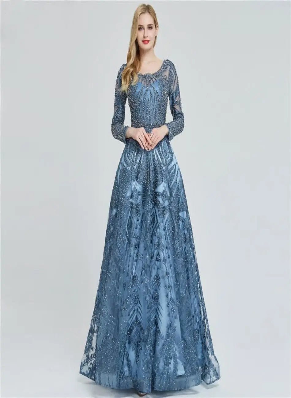 HENA - Luxury O-Neck Crystal Evening Gown - Mscooco.co.uk