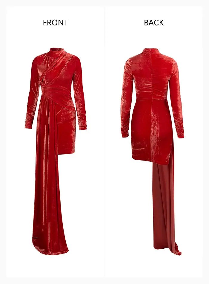 High Collar Cross Folds Elastic Velvet Ribbons Mini Dress - Mscooco.co.uk