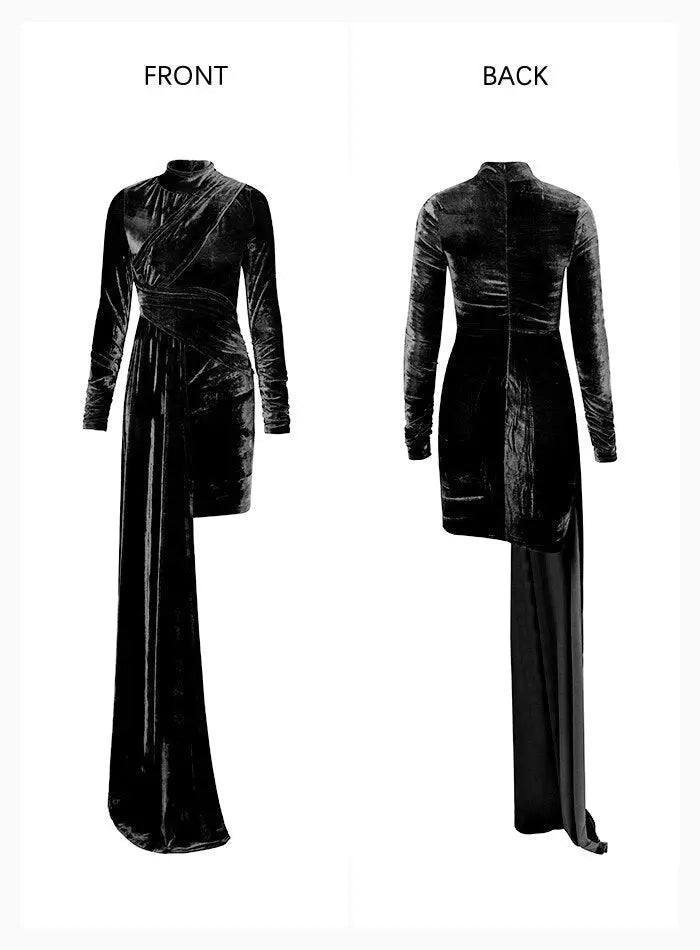 High Collar Cross Folds Elastic Velvet Ribbons Mini Dress - Mscooco.co.uk