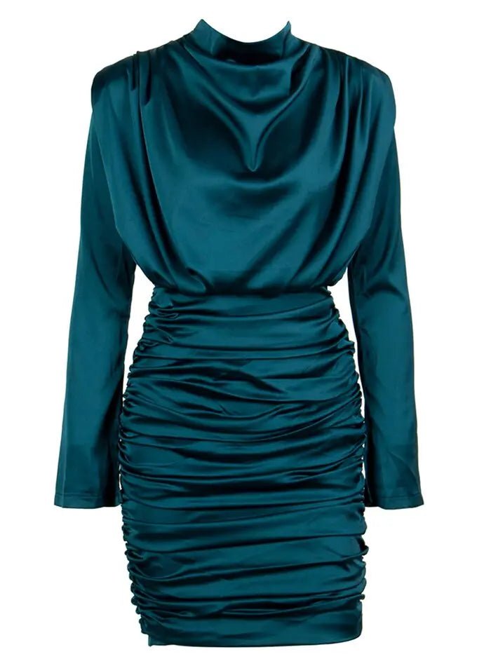 High Collar Loose Upper Body Pleated Mini Dress - Mscooco.co.uk