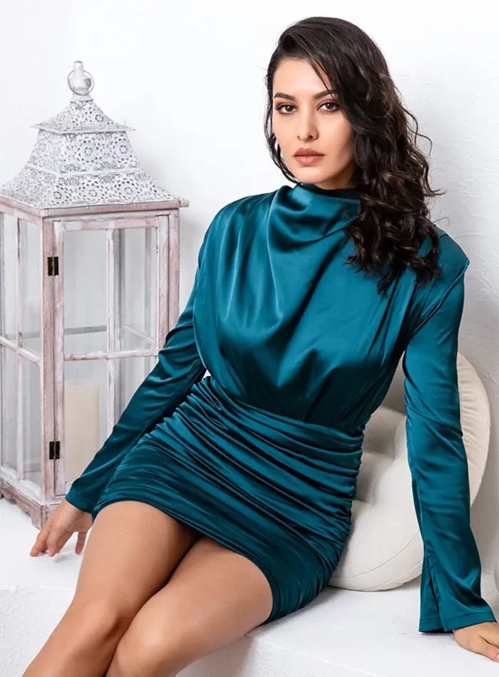 High Collar Loose Upper Body Pleated Mini Dress - Mscooco.co.uk