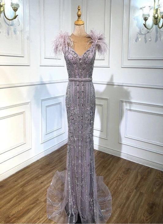 Sabah Lilac Beading Feathers Mermaid Evening Dress Mscooco.co.uk