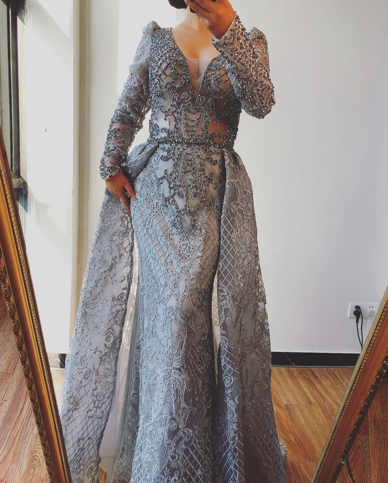Serena Grey Luxe Beading Embellished Evening Gown MSCOOCO