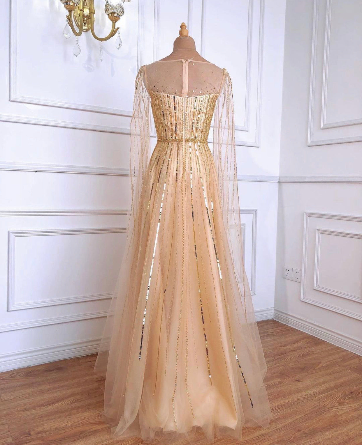 Mirabelle Luxury Gold Beading Cape Sleeves Evening Dress Mscooco.co.uk