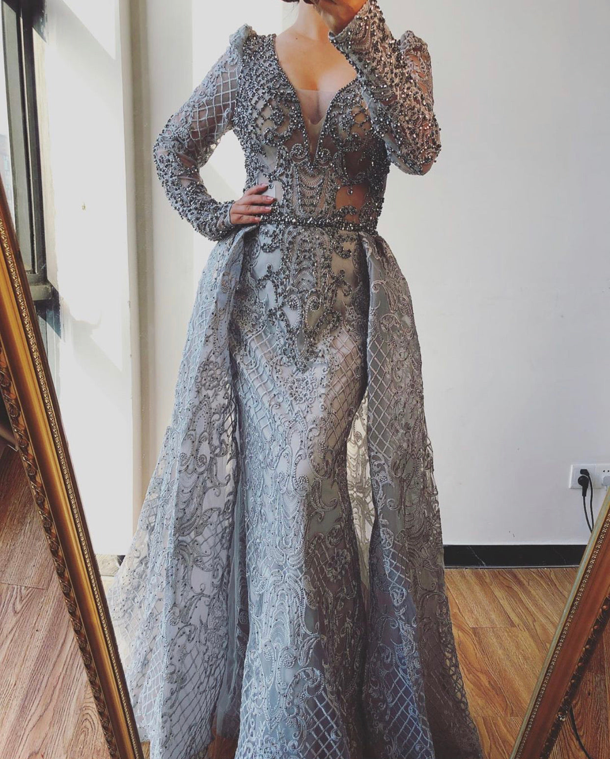 Serena Grey Luxe Beading Embellished Evening Gown MSCOOCO