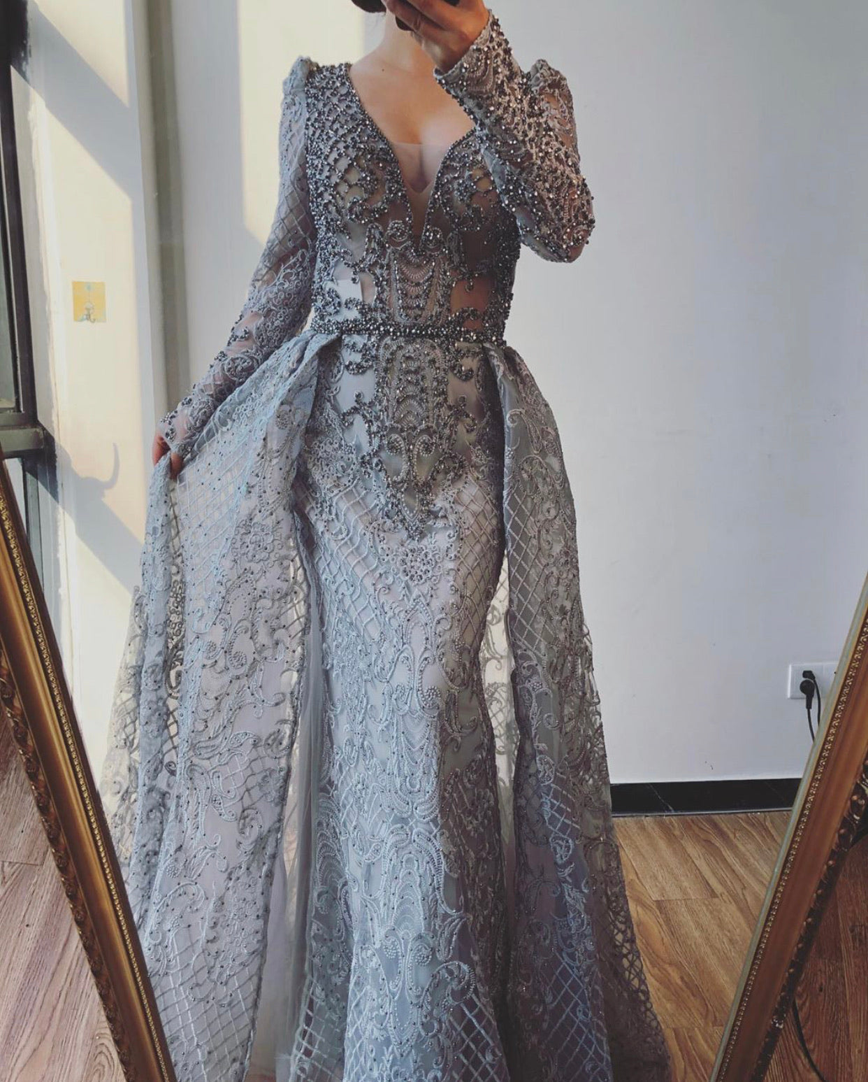 Serena Grey Luxe Beading Embellished Evening Gown MSCOOCO