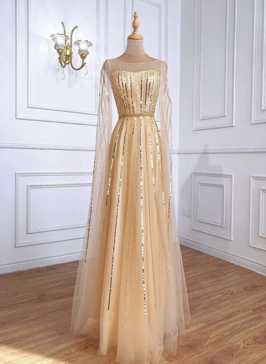 Mirabelle Luxury Gold Beading Cape Sleeves Evening Dress Mscooco.co.uk
