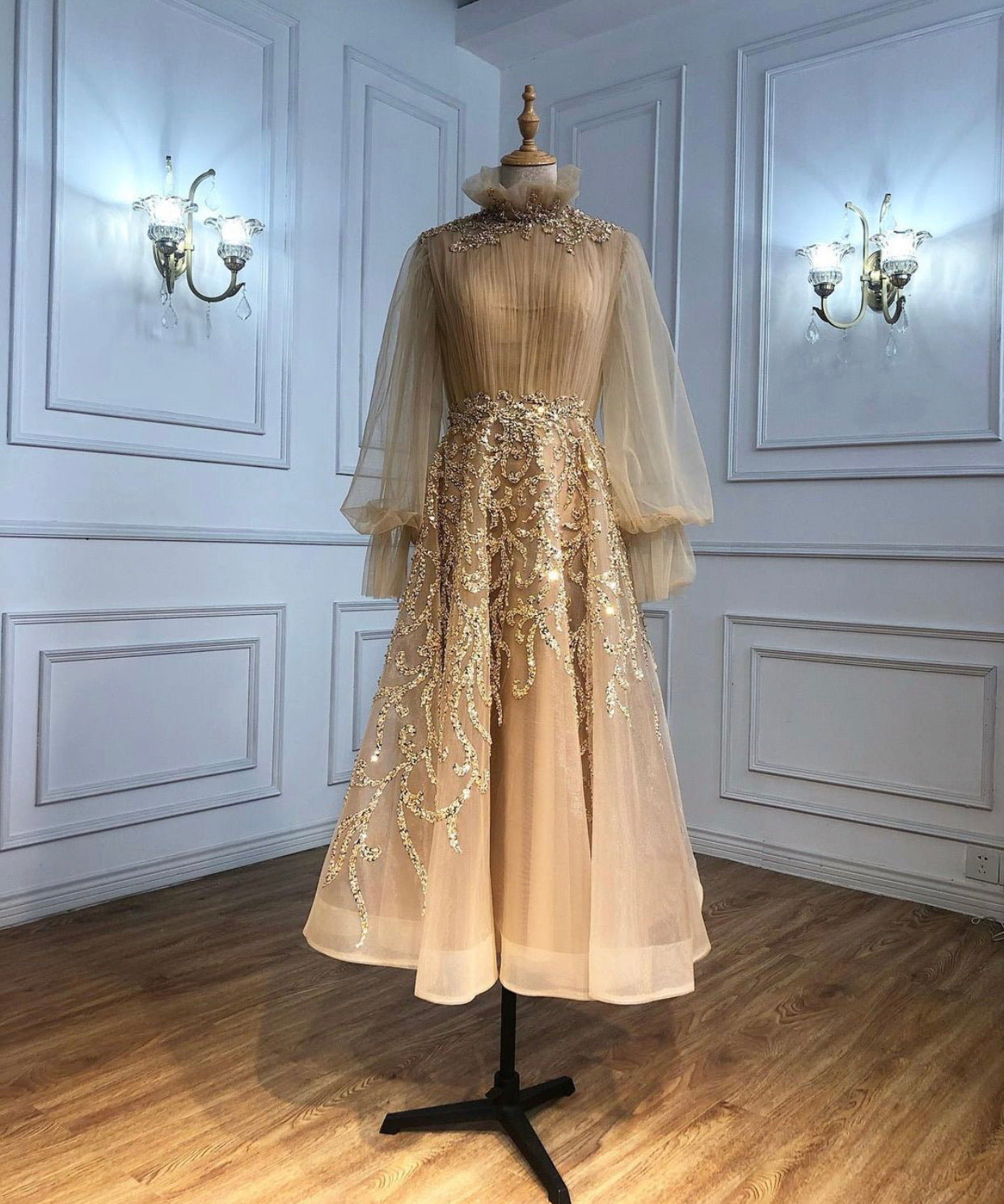 V neck Champagne Prom Dresses Long Sparkly Charming Evening Dress Form –  selinadress