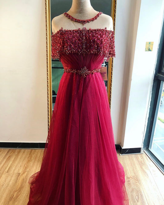 Yasmin - Wine Red Sequin Evening Gown Mscooco.co.uk