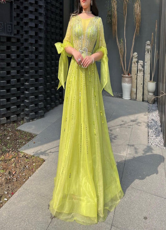 Lenaa Fluorescent green long sleeve A-Line Beading Evening Gown MSCOOCO
