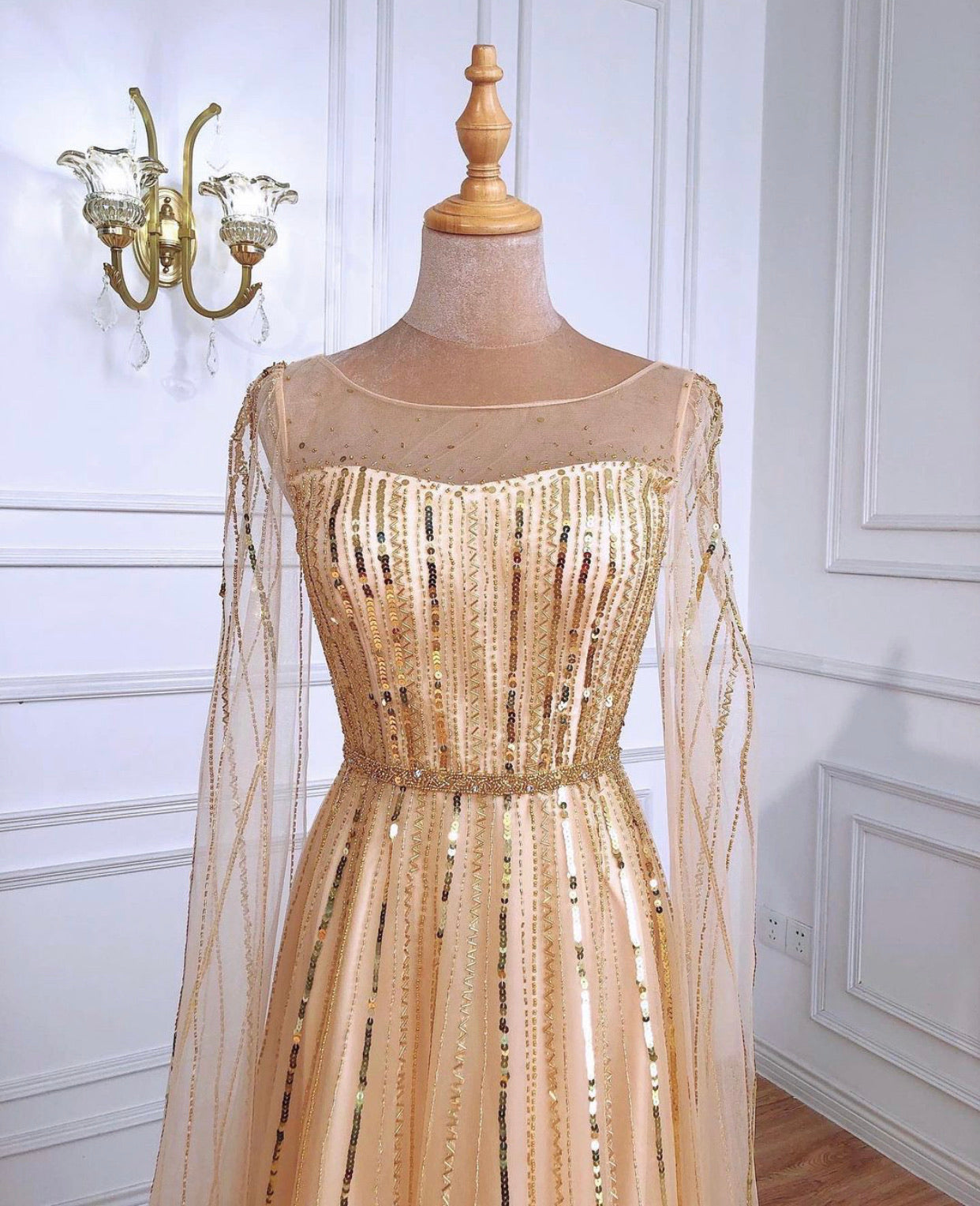 Mirabelle Luxury Gold Beading Cape Sleeves Evening Dress Mscooco.co.uk