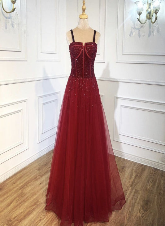 Wilma Red Beading A-Line Evening Gown Mscooco.co.uk