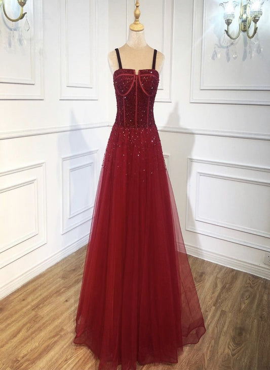 Wilma Red Beading A-Line Evening Gown Mscooco.co.uk