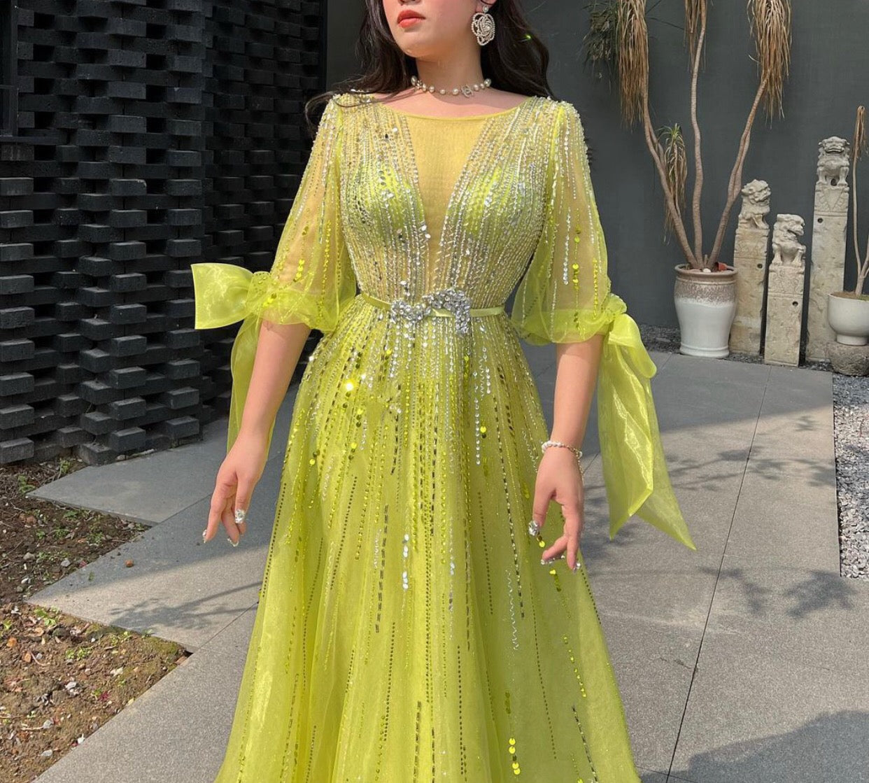 Lenaa Fluorescent green long sleeve A-Line Beading Evening Gown MSCOOCO