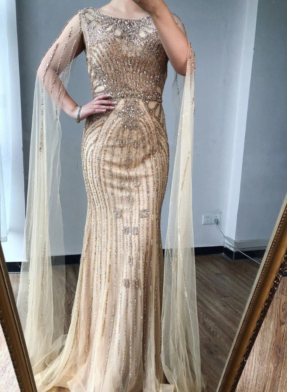 Sabra Elegant Beading Evening Dress With Cap Sleeves Mscooco.co.uk