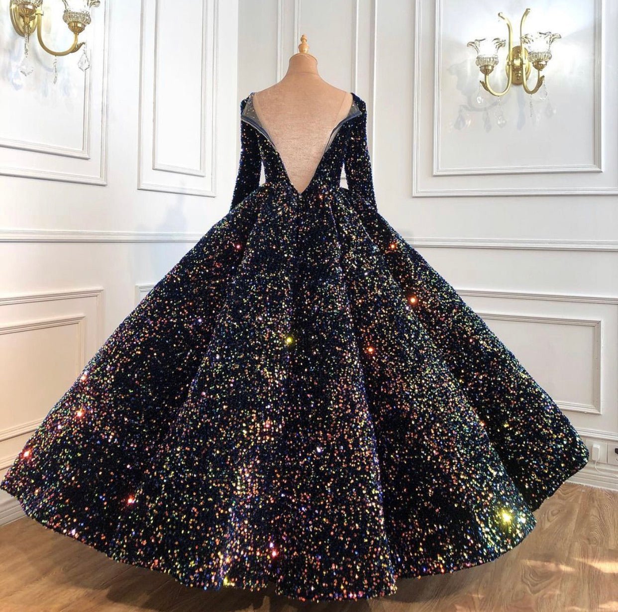 Indigo Blue Gold Luxury Sequined Gown - Mscooco.co.uk
