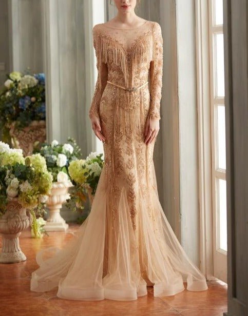 Inés Elegant Luxury Scoop Neck With Fully Tassel Beaded Gown - Mscooco.co.uk