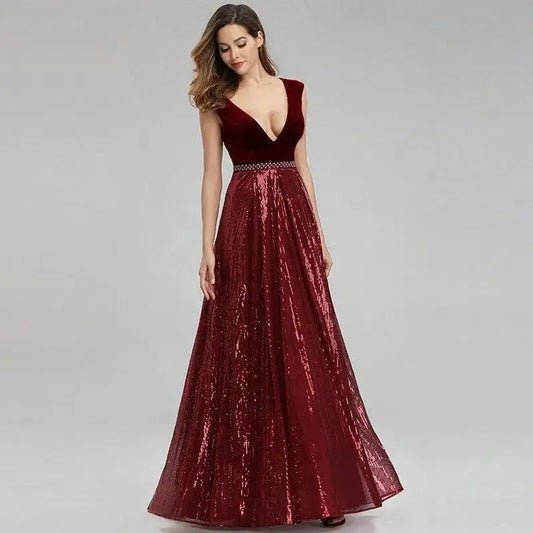 Isidora Burgundy Elegant Beading Sequin Gown - Mscooco.co.uk