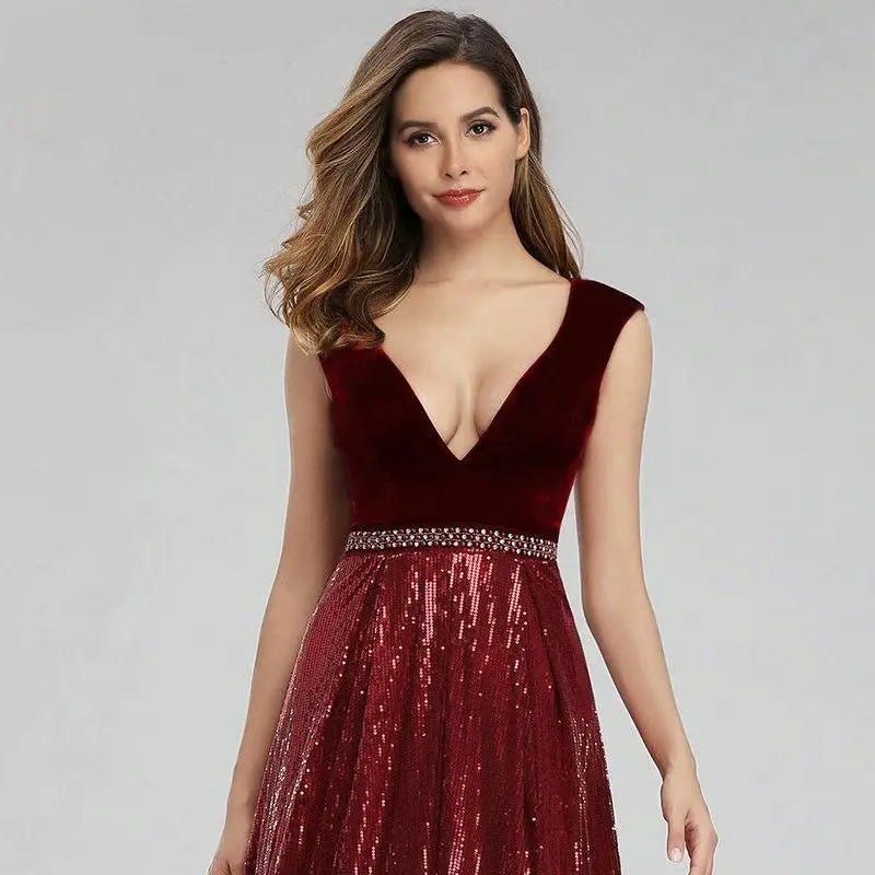 Isidora Burgundy Elegant Beading Sequin Gown - Mscooco.co.uk