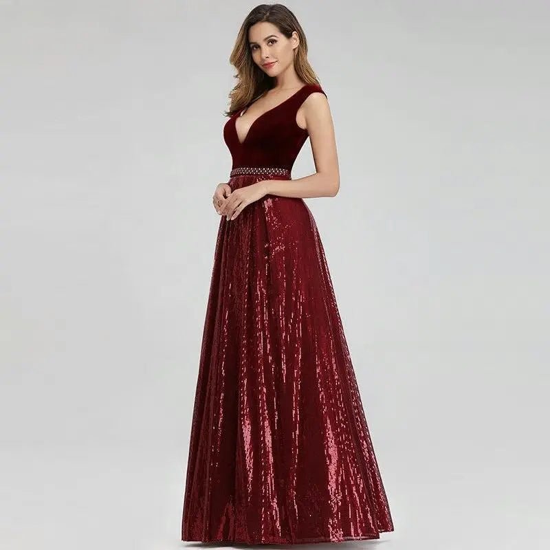 Isidora Burgundy Elegant Beading Sequin Gown - Mscooco.co.uk