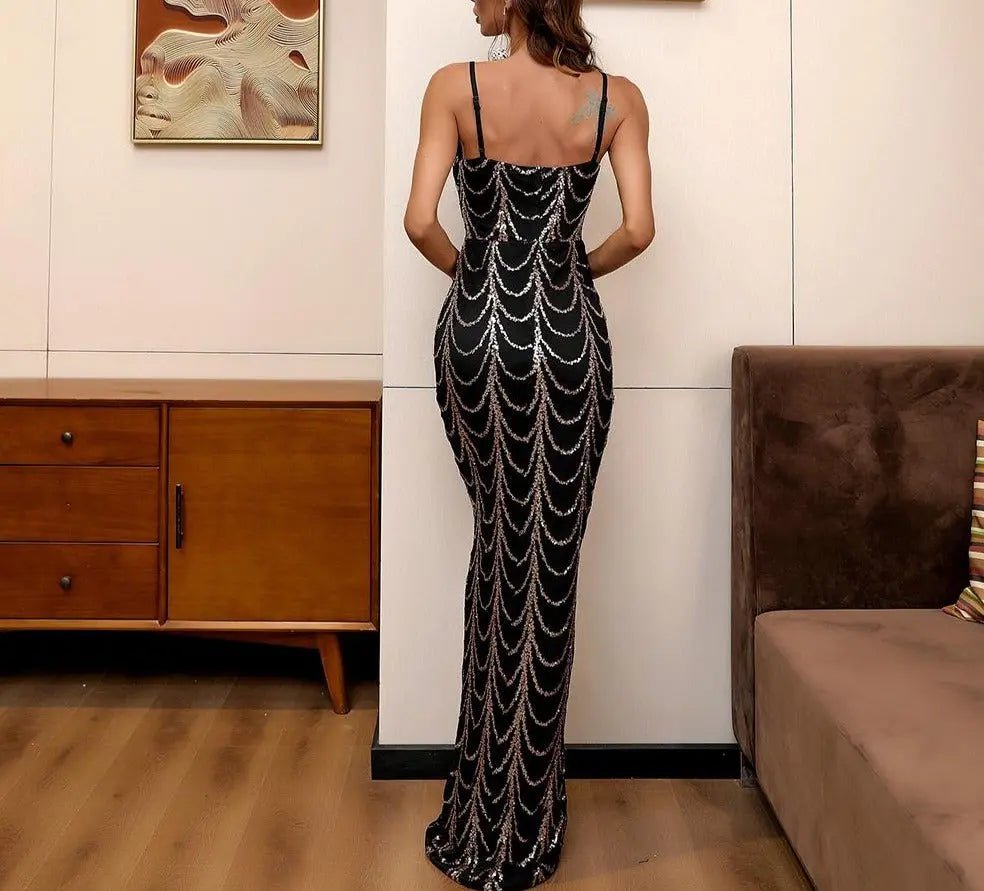 Jazlynn V-Neck Wave Sequins Maxi Dress - Mscooco.co.uk