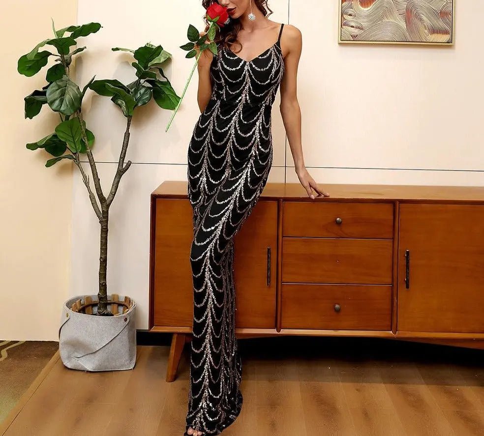 Jazlynn V-Neck Wave Sequins Maxi Dress - Mscooco.co.uk